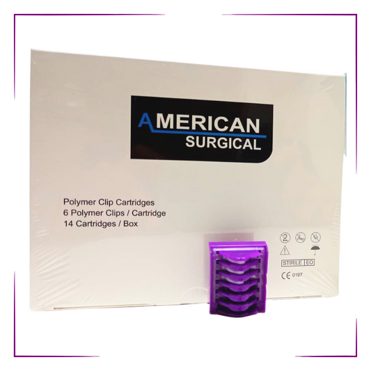 Caja Clip de Polímero Hem-o-lock L Morado, A.M.R.C.N Quality Surgical - 14 pzas